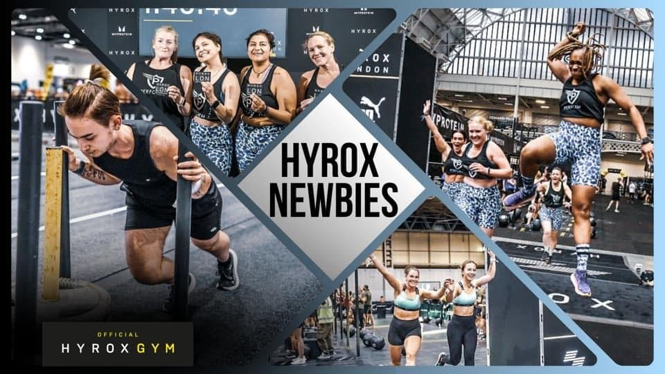 Collage of people participating in a Hyrox gym event, doing various physical exercises and activities.